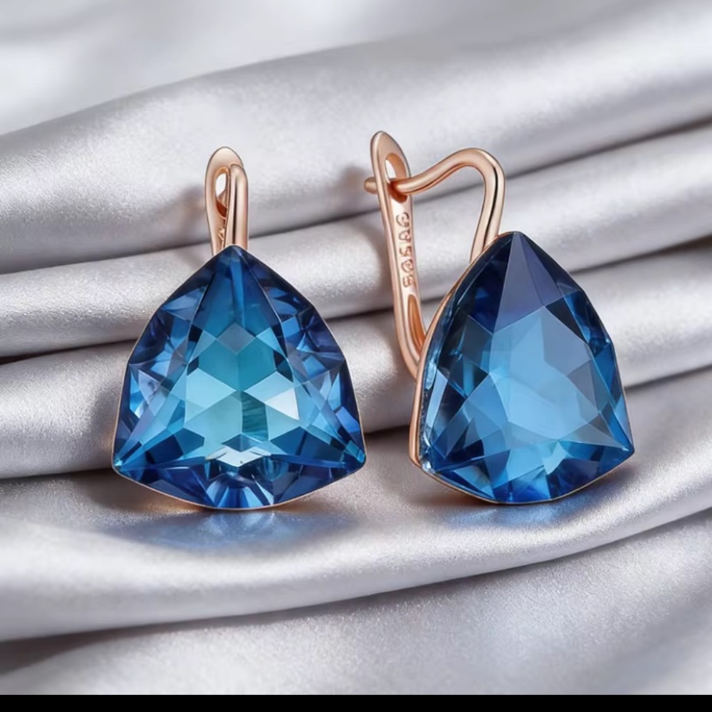 Faceted Sapphire Moissanite & 585/14k Rose Gold Earrings 1”